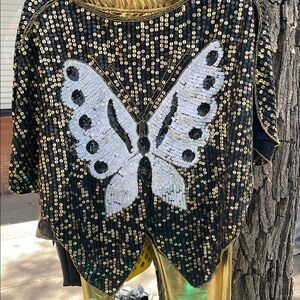 Unique Vintage Black and Gold Sequin Butterfly Blouse